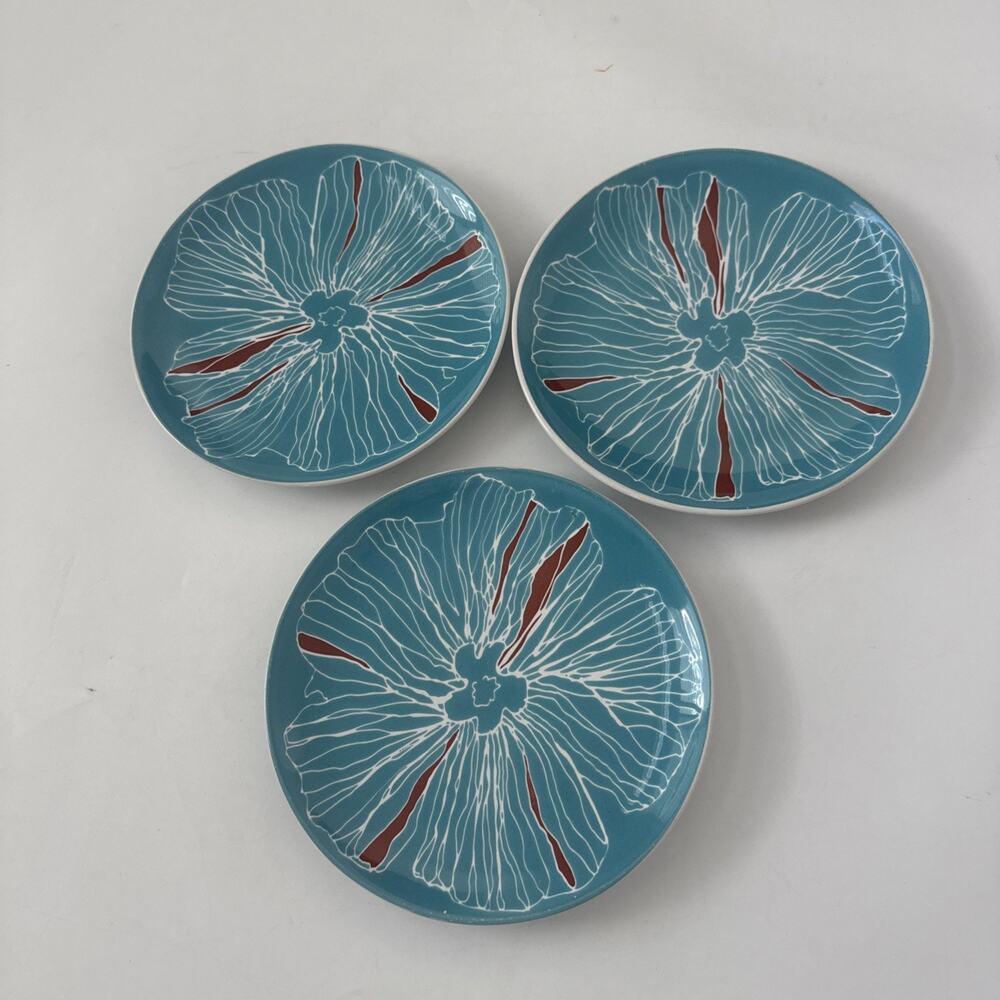 Set of 3 Ikea Bullra Salad Plates Floral Blue MCM Mid Century Modern